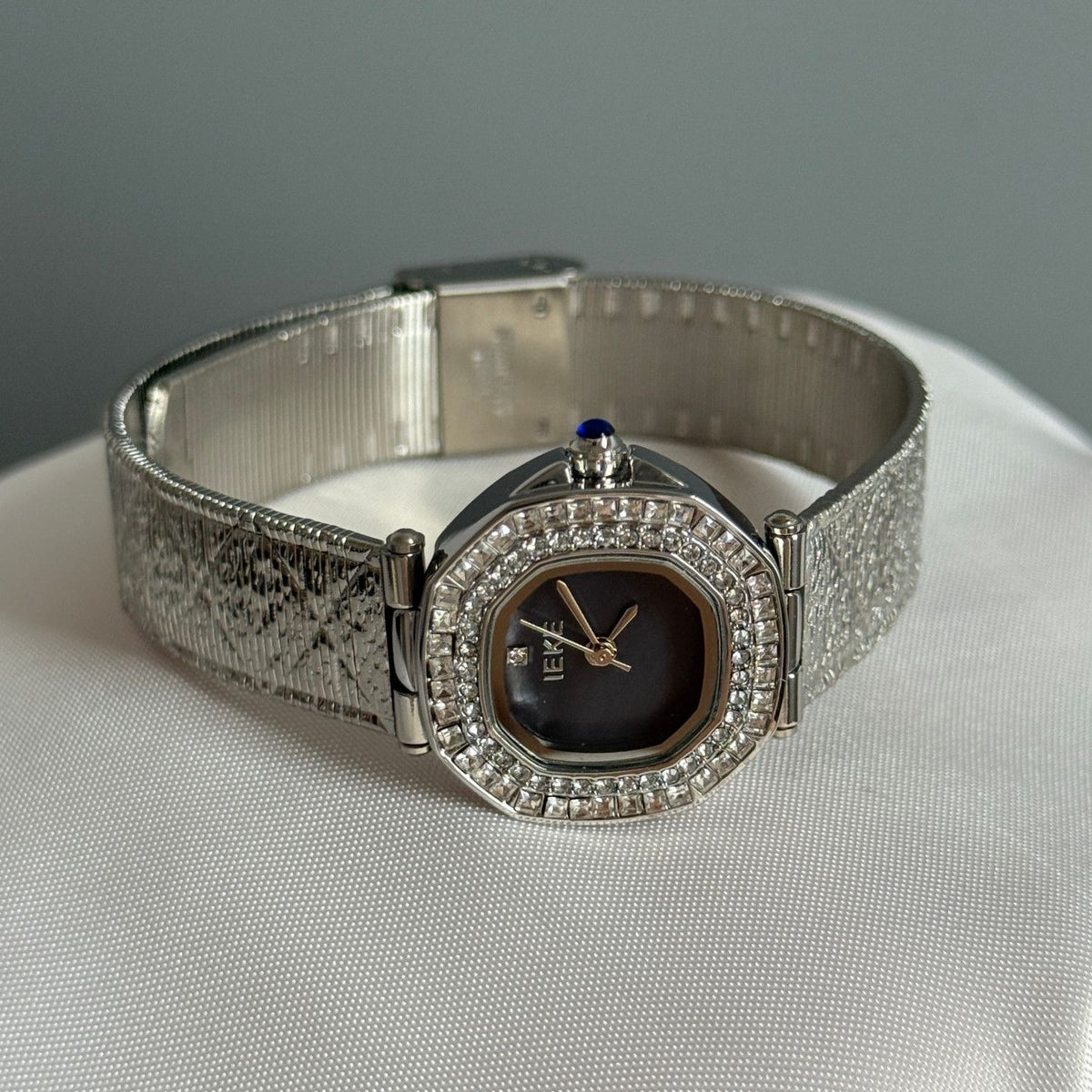 IEKE Cushion Halo Crystal Pavé Leather Watch - Square-Round Hybrid Dress Watch for Women