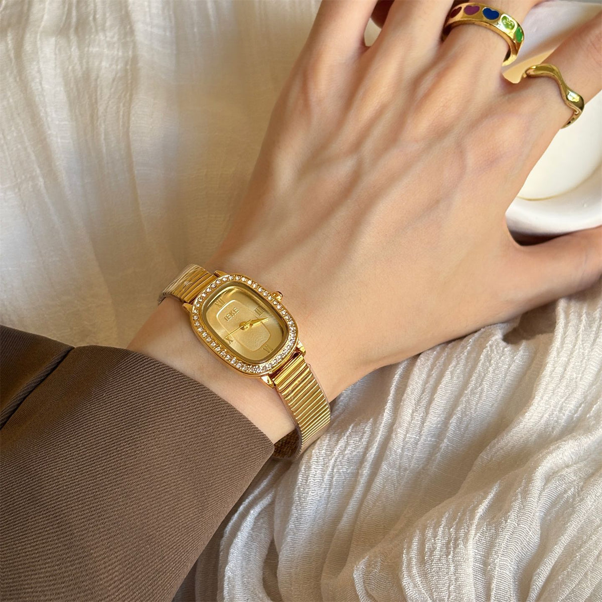 IEKE Vintage Estate Oval Crystal Accent Leather Watch - Antique Chic Dress Watch for Women
