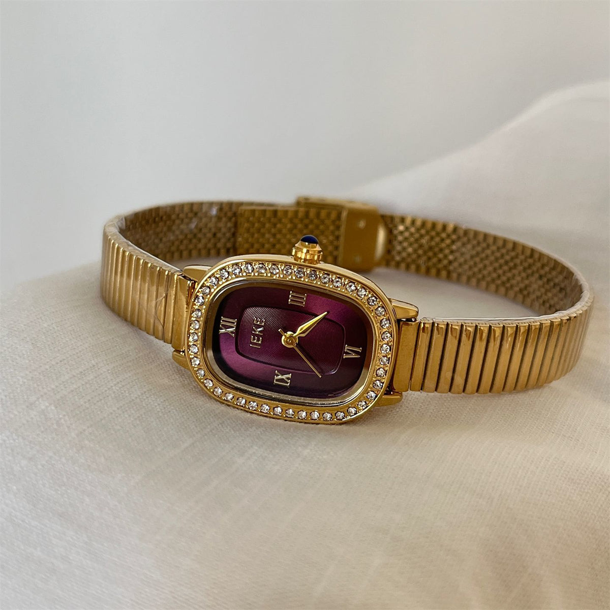IEKE Vintage Estate Oval Crystal Accent Leather Watch - Antique Chic Dress Watch for Women
