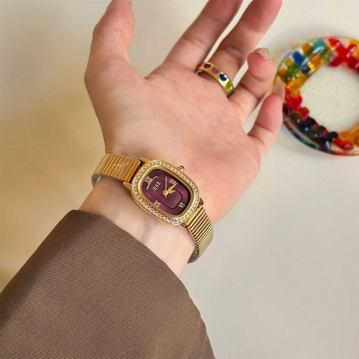 IEKE Vintage Estate Oval Crystal Accent Leather Watch - Antique Chic Dress Watch for Women