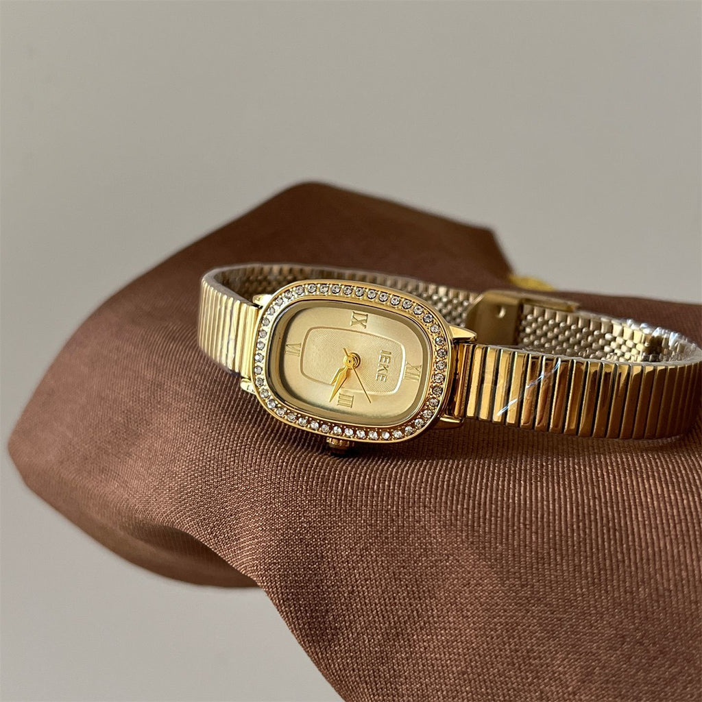 IEKE Vintage Estate Oval Crystal Accent Leather Watch - Antique Chic Dress Watch for Women