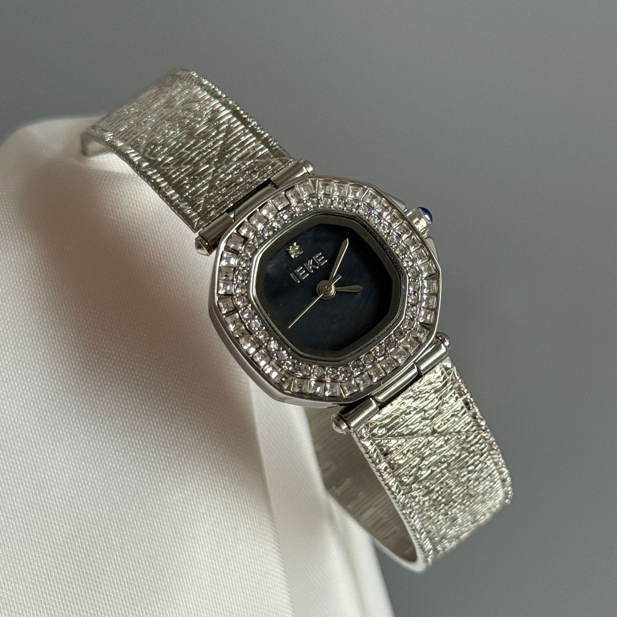 IEKE Cushion Halo Crystal Pavé Leather Watch - Square-Round Hybrid Dress Watch for Women