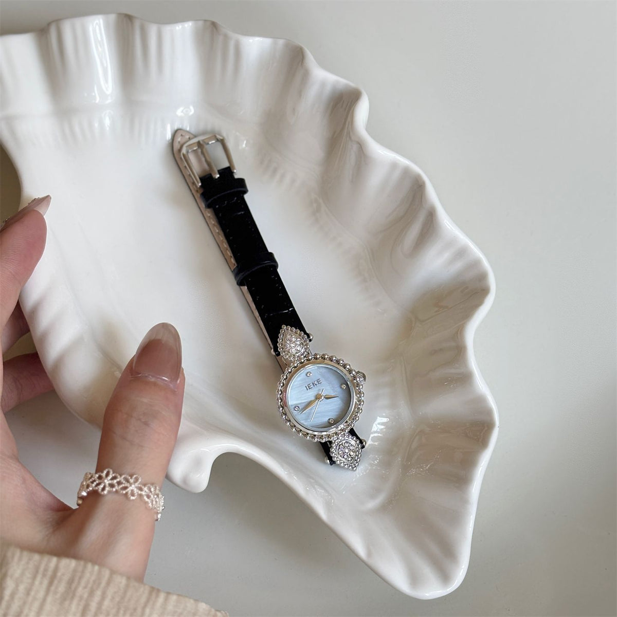 IEKE French Azure Mother of Pearl Crystal Watch - Blue Nacre Leather Dress Watch for Women