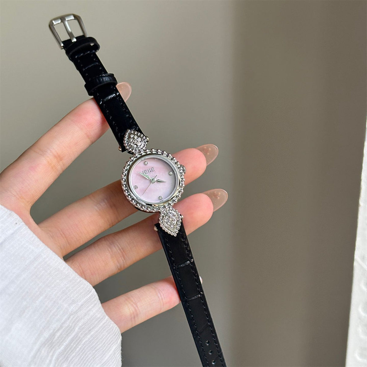IEKE French Azure Mother of Pearl Crystal Watch - Blue Nacre Leather Dress Watch for Women