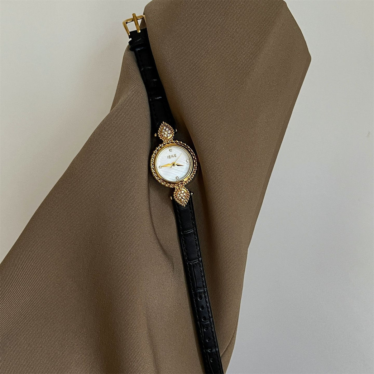 IEKE French Azure Mother of Pearl Crystal Watch - Blue Nacre Leather Dress Watch for Women