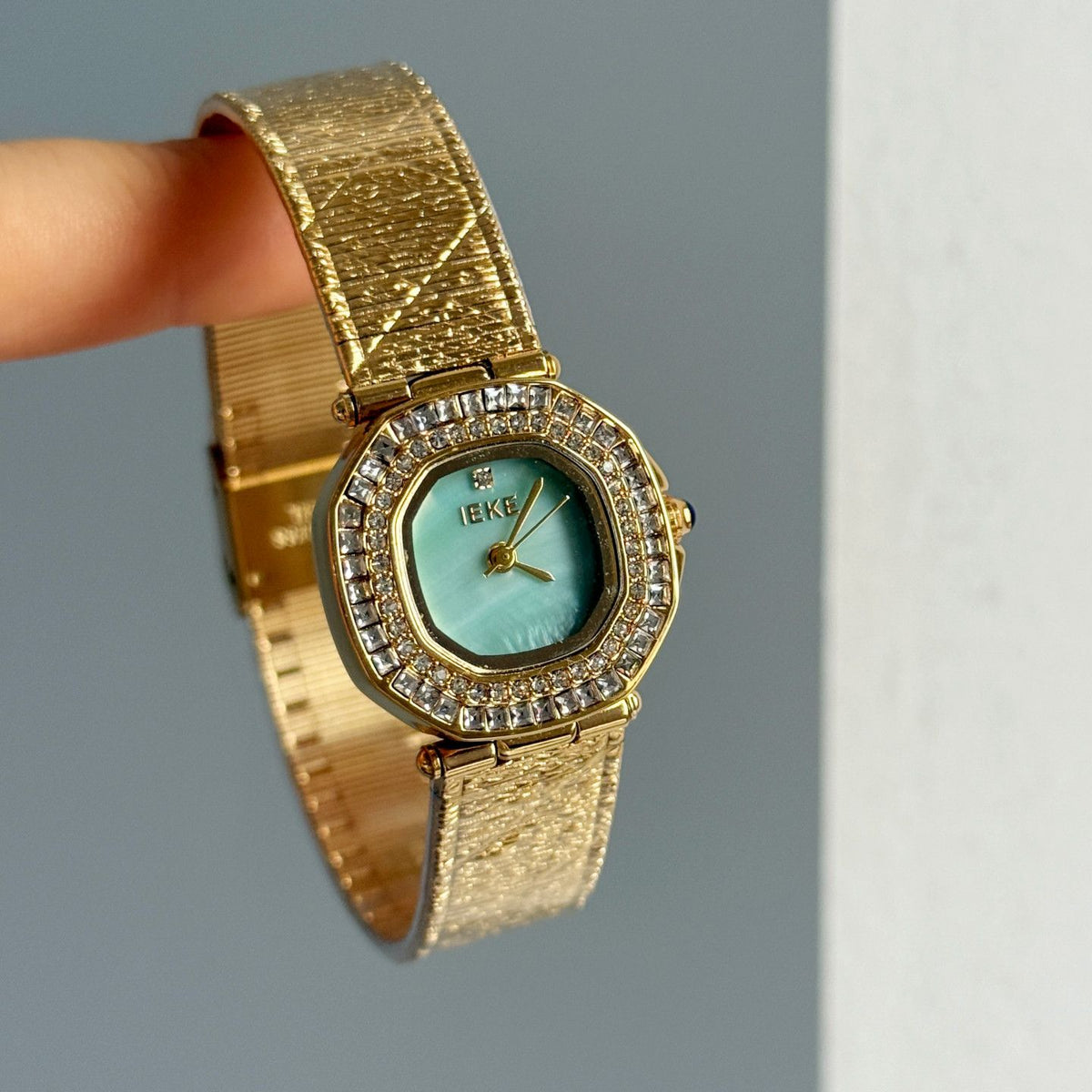 IEKE Cushion Halo Crystal Pavé Leather Watch - Square-Round Hybrid Dress Watch for Women