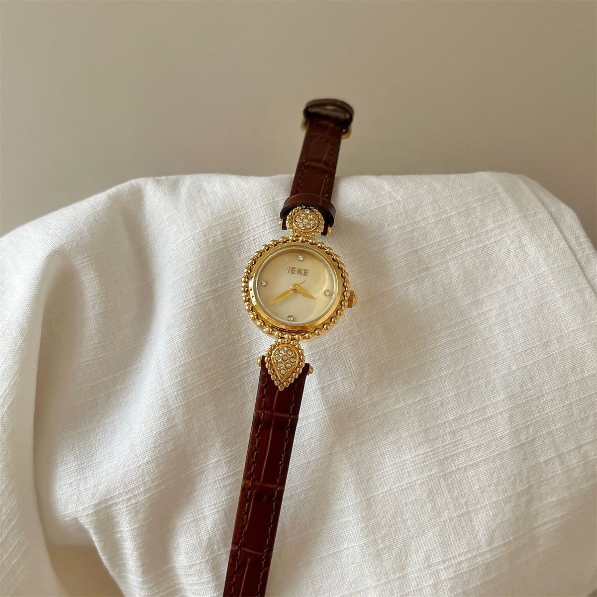 IEKE French Azure Mother of Pearl Crystal Watch - Blue Nacre Leather Dress Watch for Women