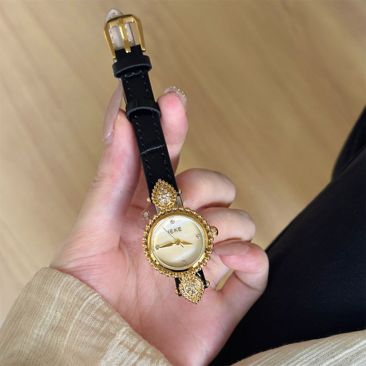 IEKE French Azure Mother of Pearl Crystal Watch - Blue Nacre Leather Dress Watch for Women