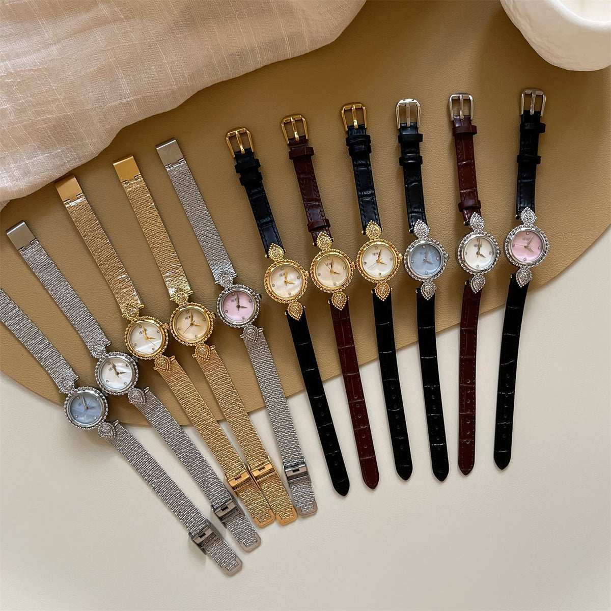 IEKE French Azure Mother of Pearl Crystal Watch - Blue Nacre Leather Dress Watch for Women