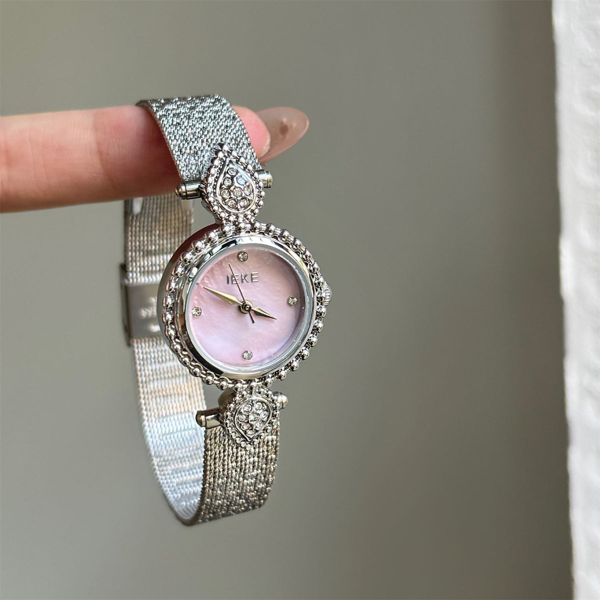 IEKE French Azure Mother of Pearl Crystal Watch - Blue Nacre Leather Dress Watch for Women