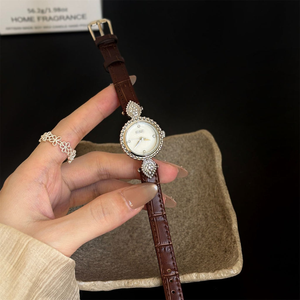 IEKE French Azure Mother of Pearl Crystal Watch - Blue Nacre Leather Dress Watch for Women