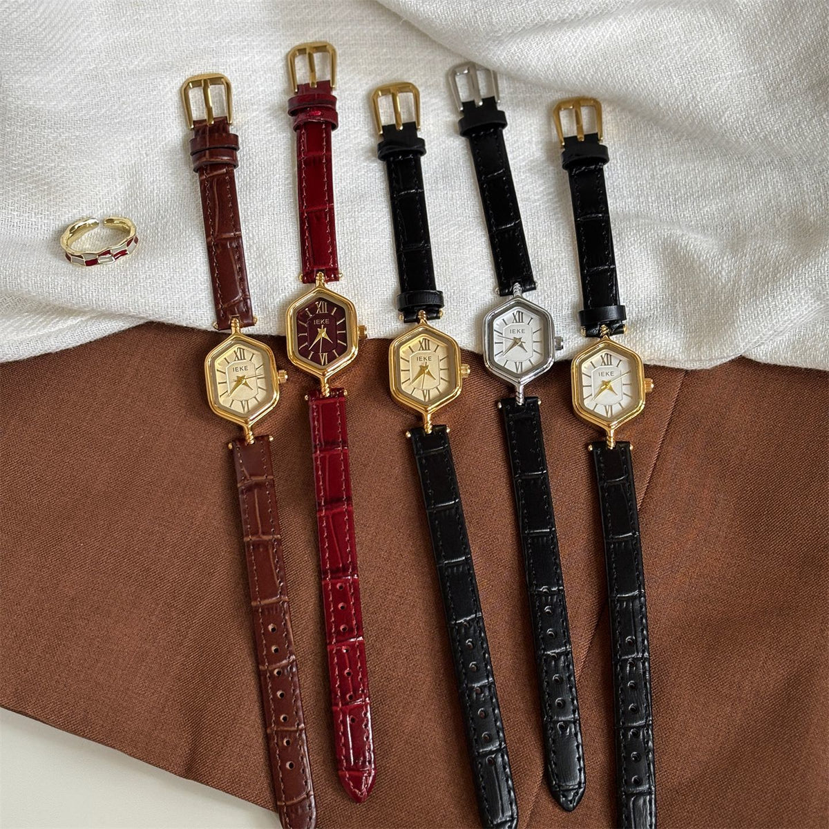 IEKE Art Deco Rhombus Dial Leather Watch - Vintage Geometric Quartz Watch for Women