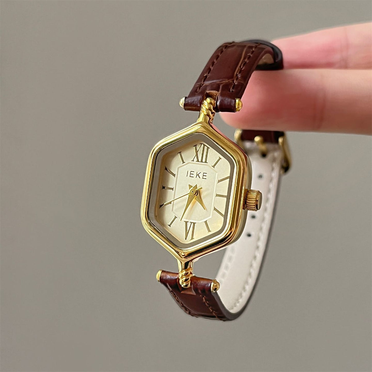 IEKE Art Deco Rhombus Dial Leather Watch - Vintage Geometric Quartz Watch for Women