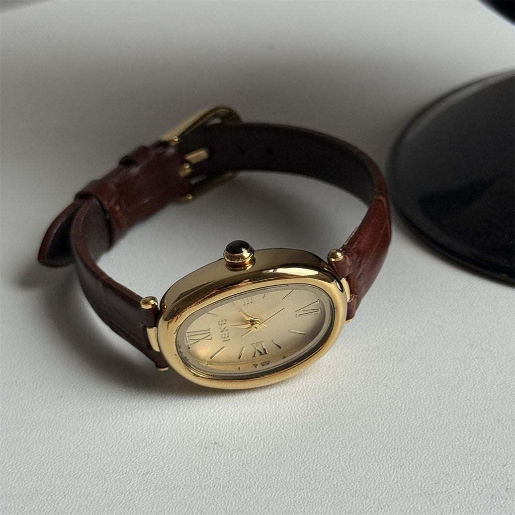 IEKE Retro Baignoire Bathtub Oval Watch with Slim Leather Strap - French Vintage Quartz Watch for Women