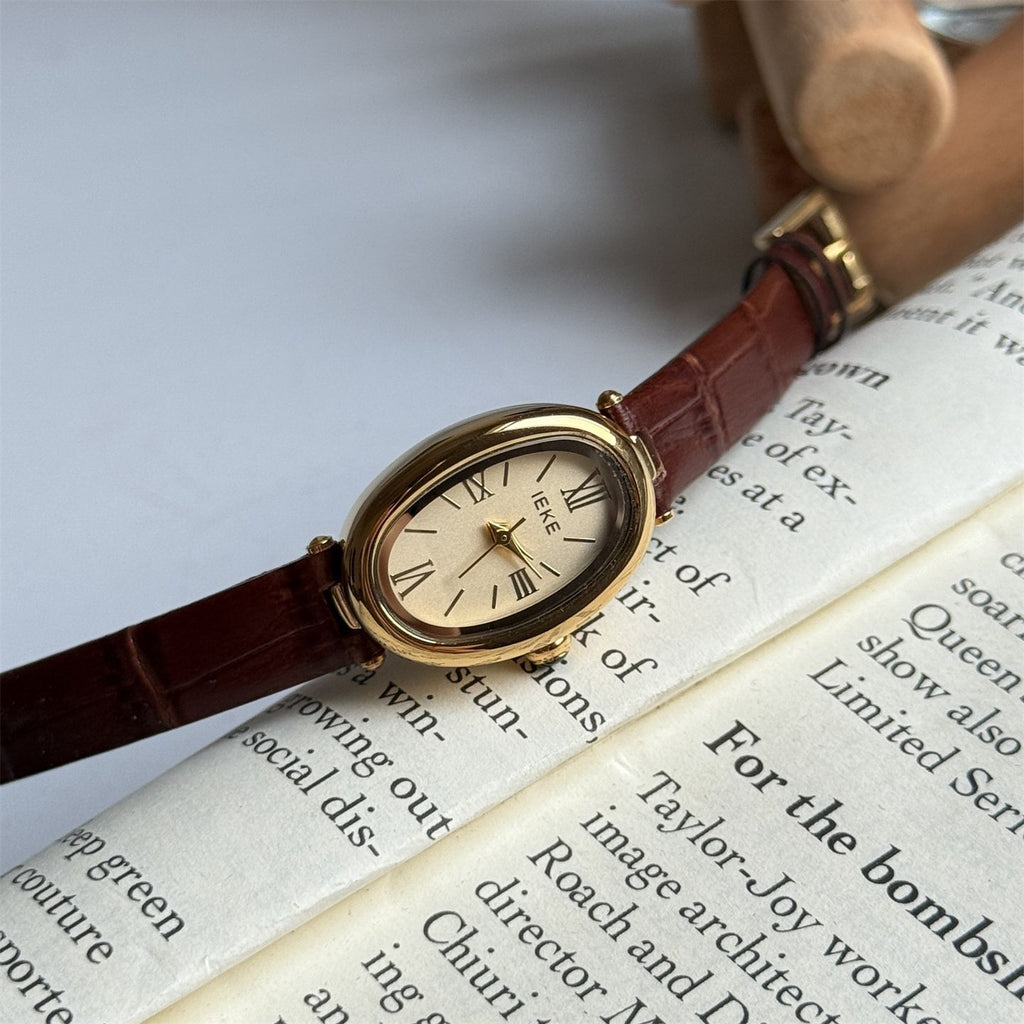 IEKE Retro Baignoire Bathtub Oval Watch with Slim Leather Strap - French Vintage Quartz Watch for Women