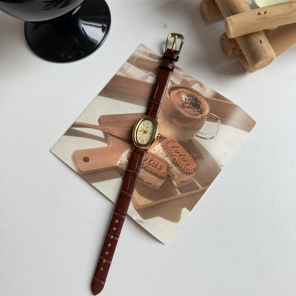 IEKE Retro Baignoire Bathtub Oval Watch with Slim Leather Strap - French Vintage Quartz Watch for Women