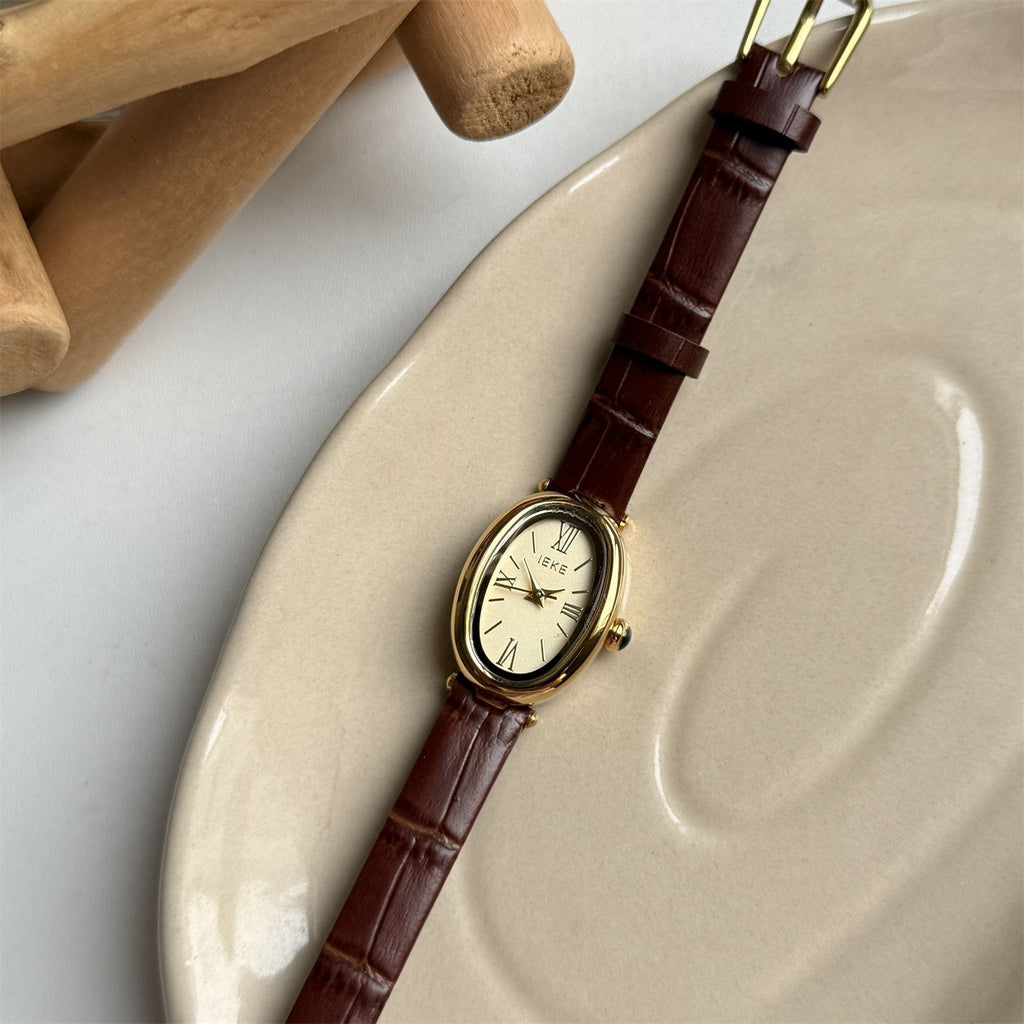 IEKE Retro Baignoire Bathtub Oval Watch with Slim Leather Strap - French Vintage Quartz Watch for Women