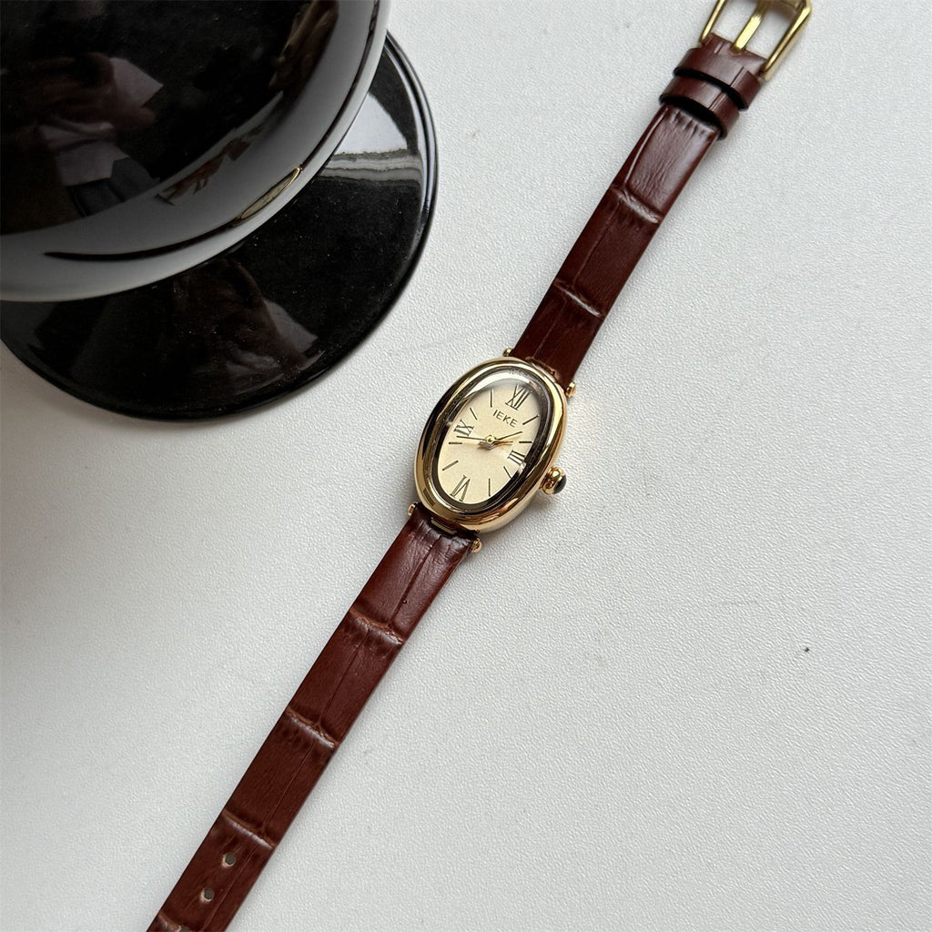 IEKE Retro Baignoire Bathtub Oval Watch with Slim Leather Strap - French Vintage Quartz Watch for Women
