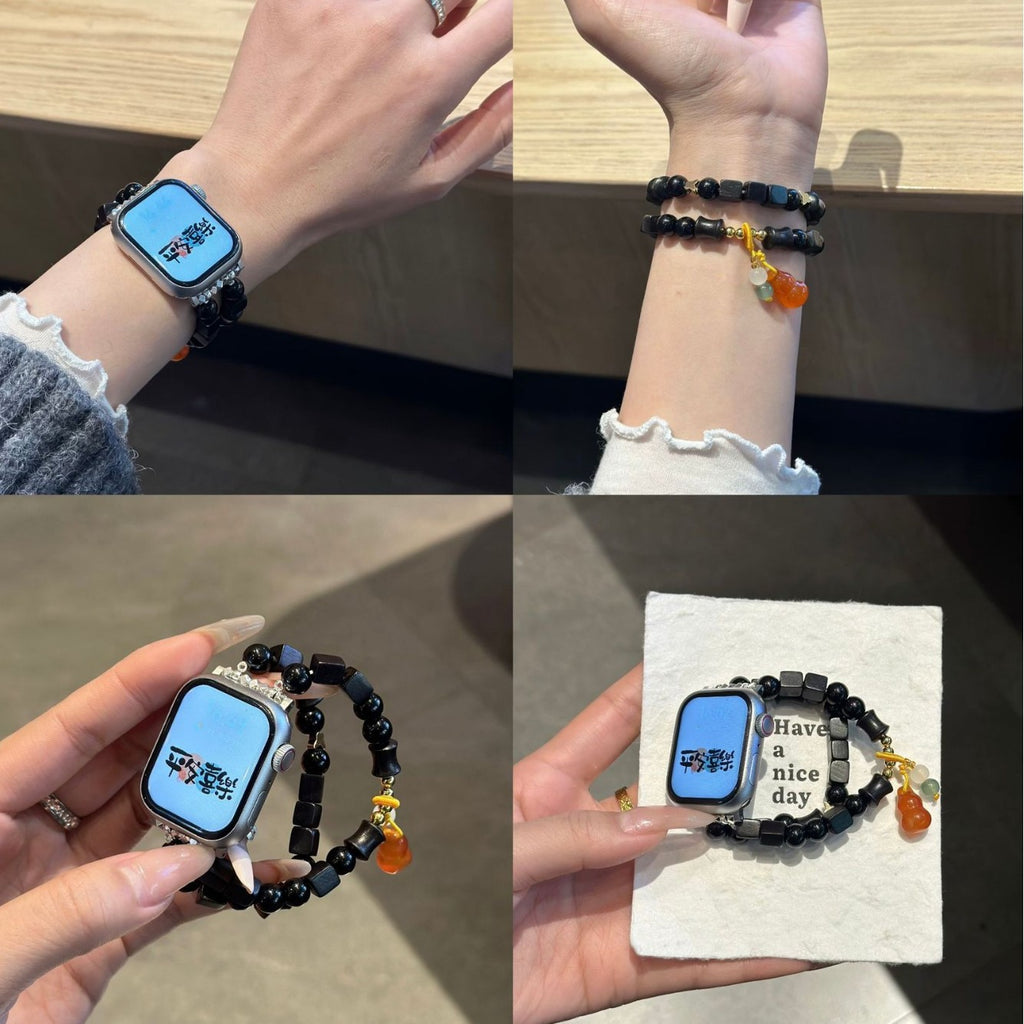 Black beaded amber charm Apple Watch bracelet band lifestyle collage