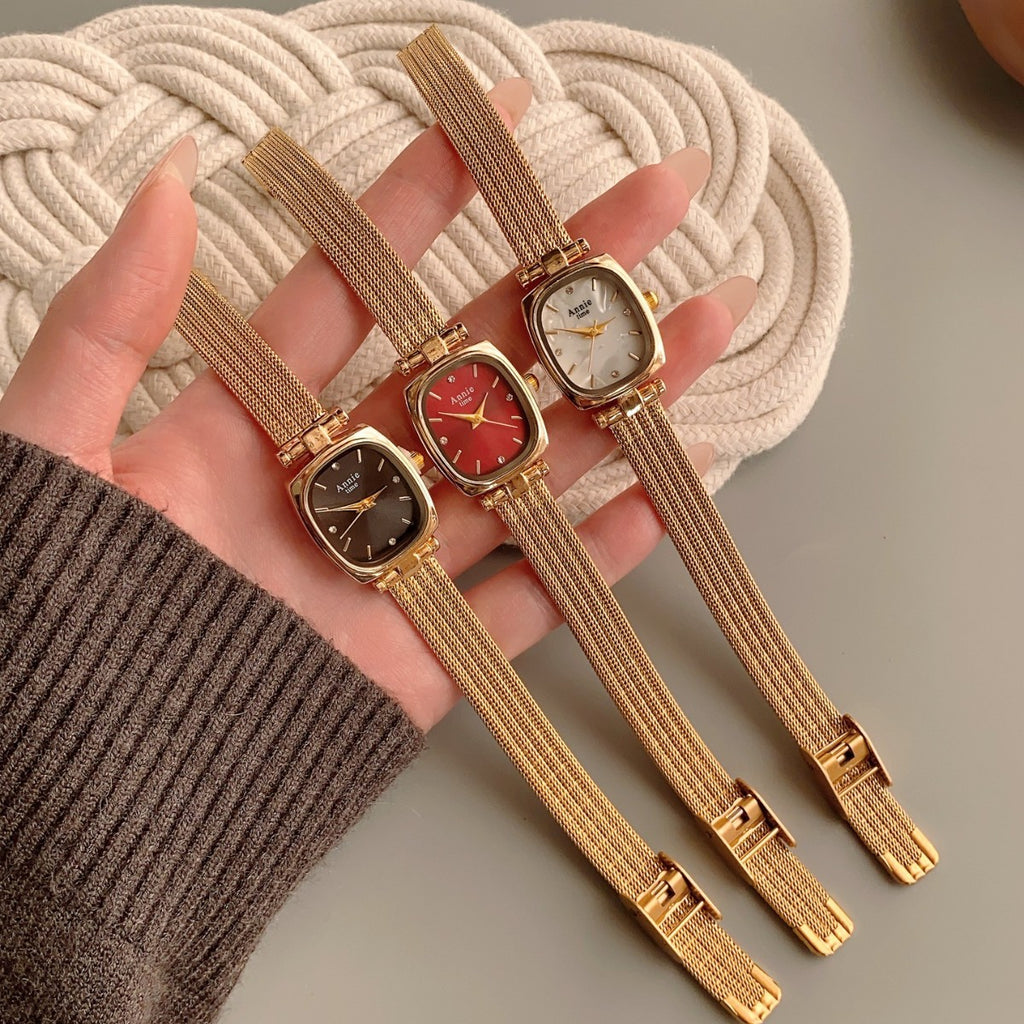 Annie Time cushion mesh watches in gold tone with multiple dial colors