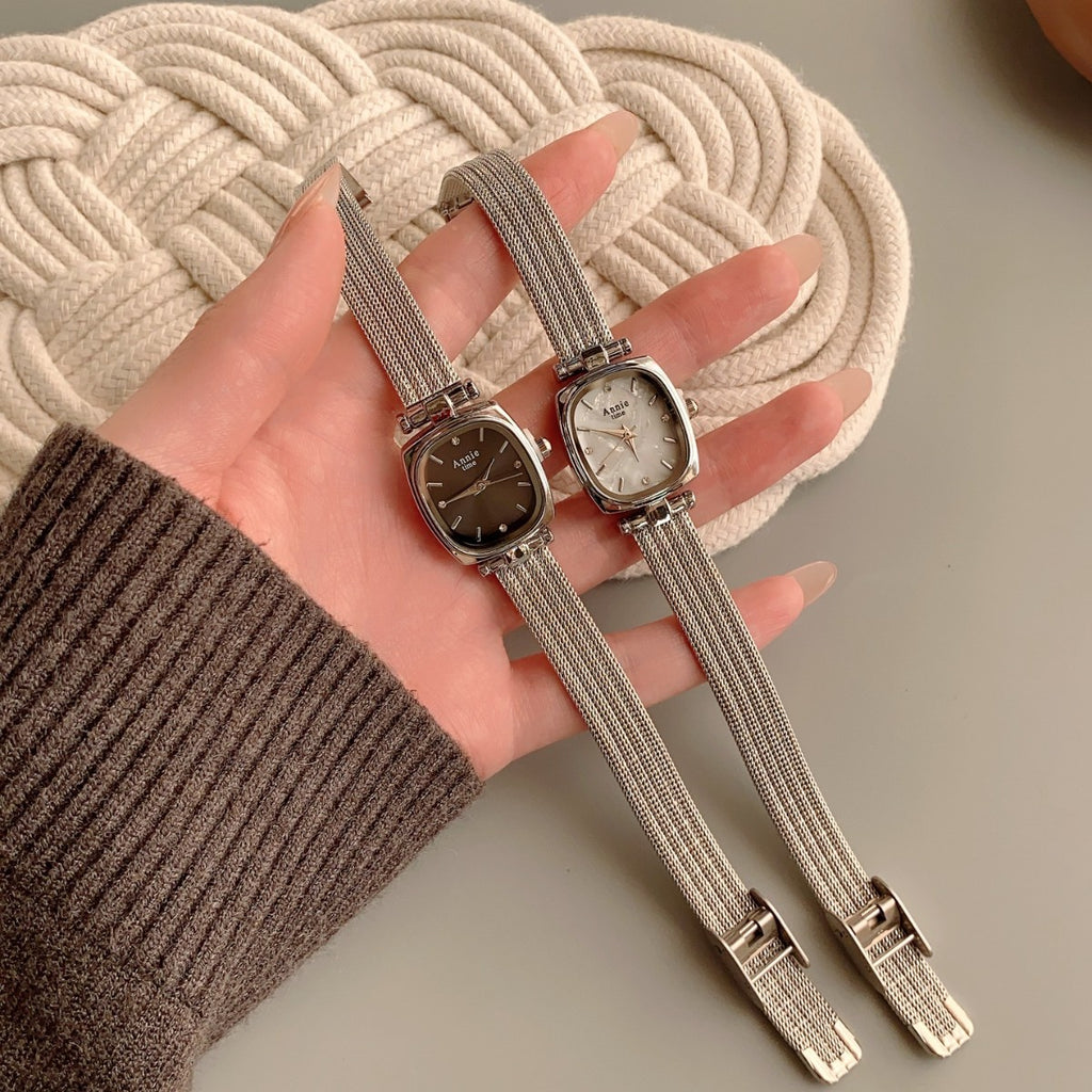 Annie Time cushion mesh watches in silver tone with black and white dials