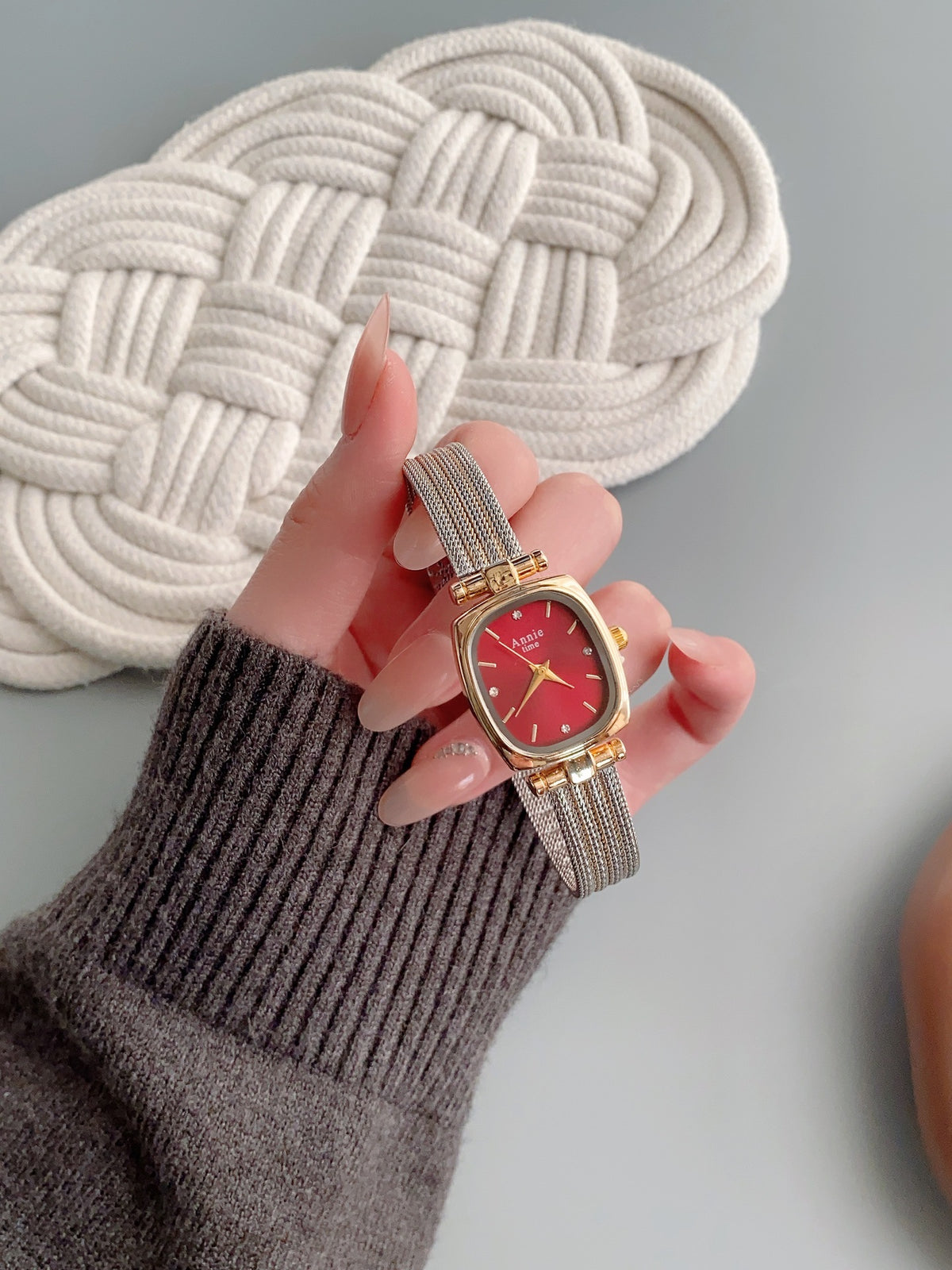 Annie Time cushion mesh watch in silver tone with red dial