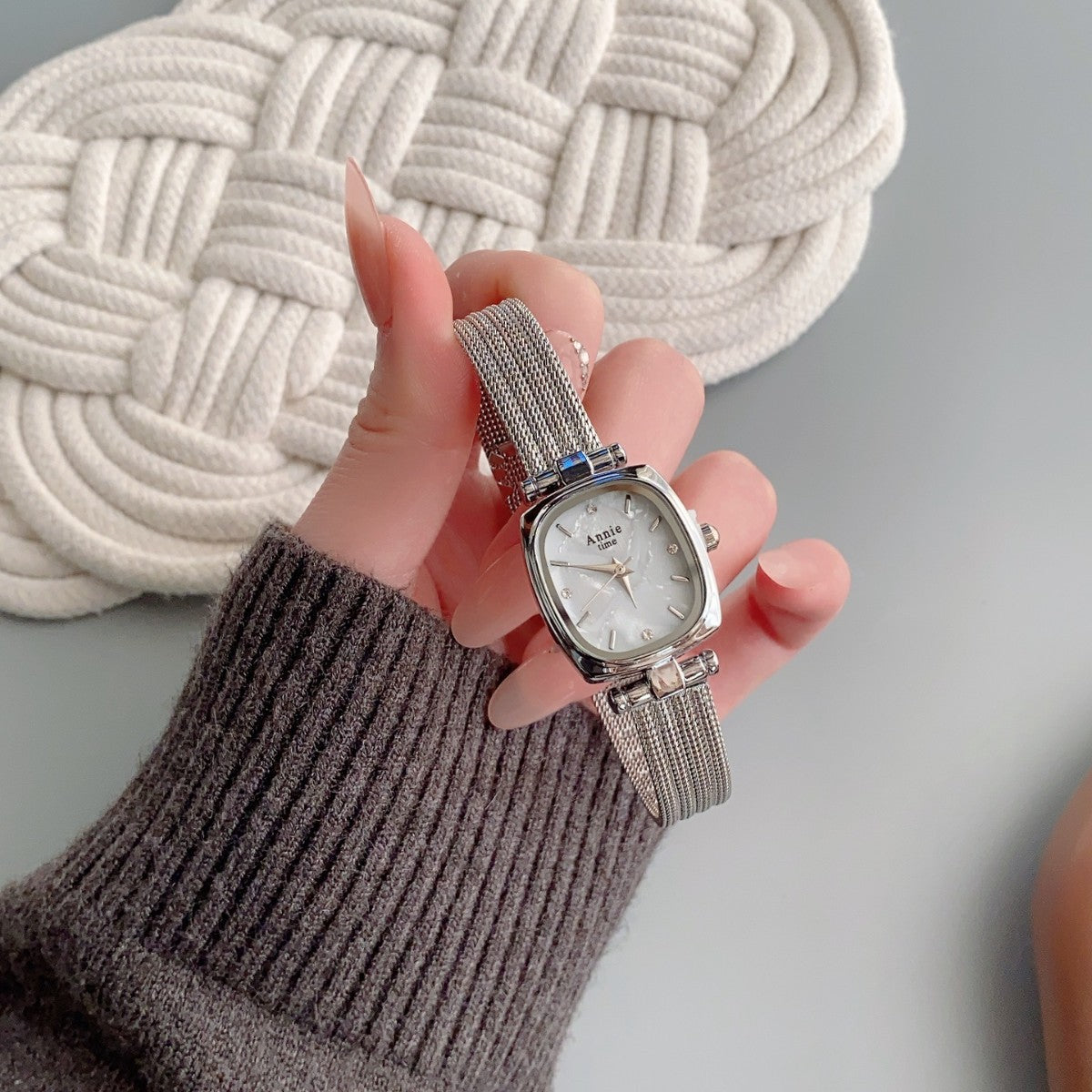 Annie Time cushion mesh watch in silver tone with white dial alternate view