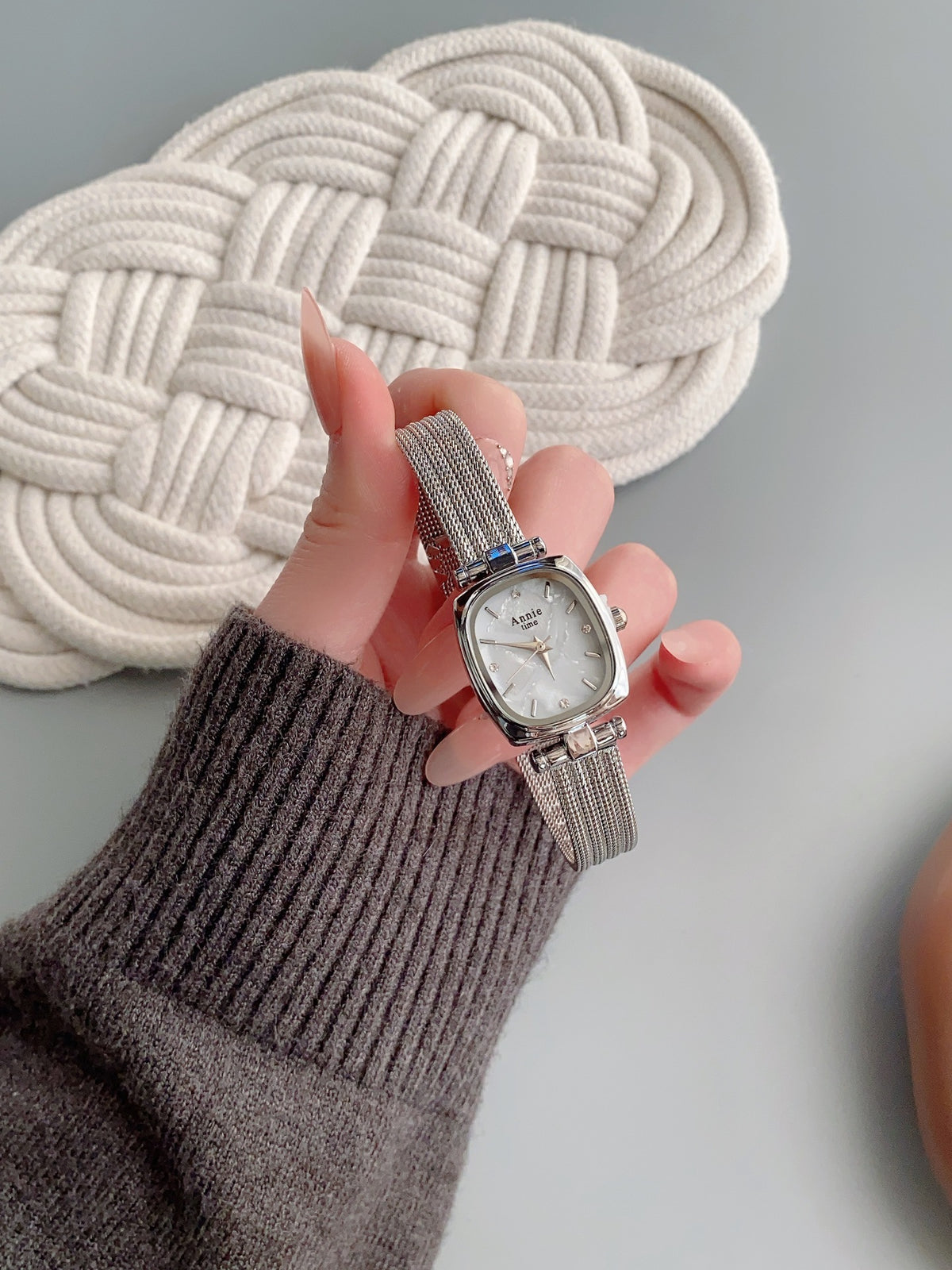Annie Time cushion mesh watch in silver tone with white dial