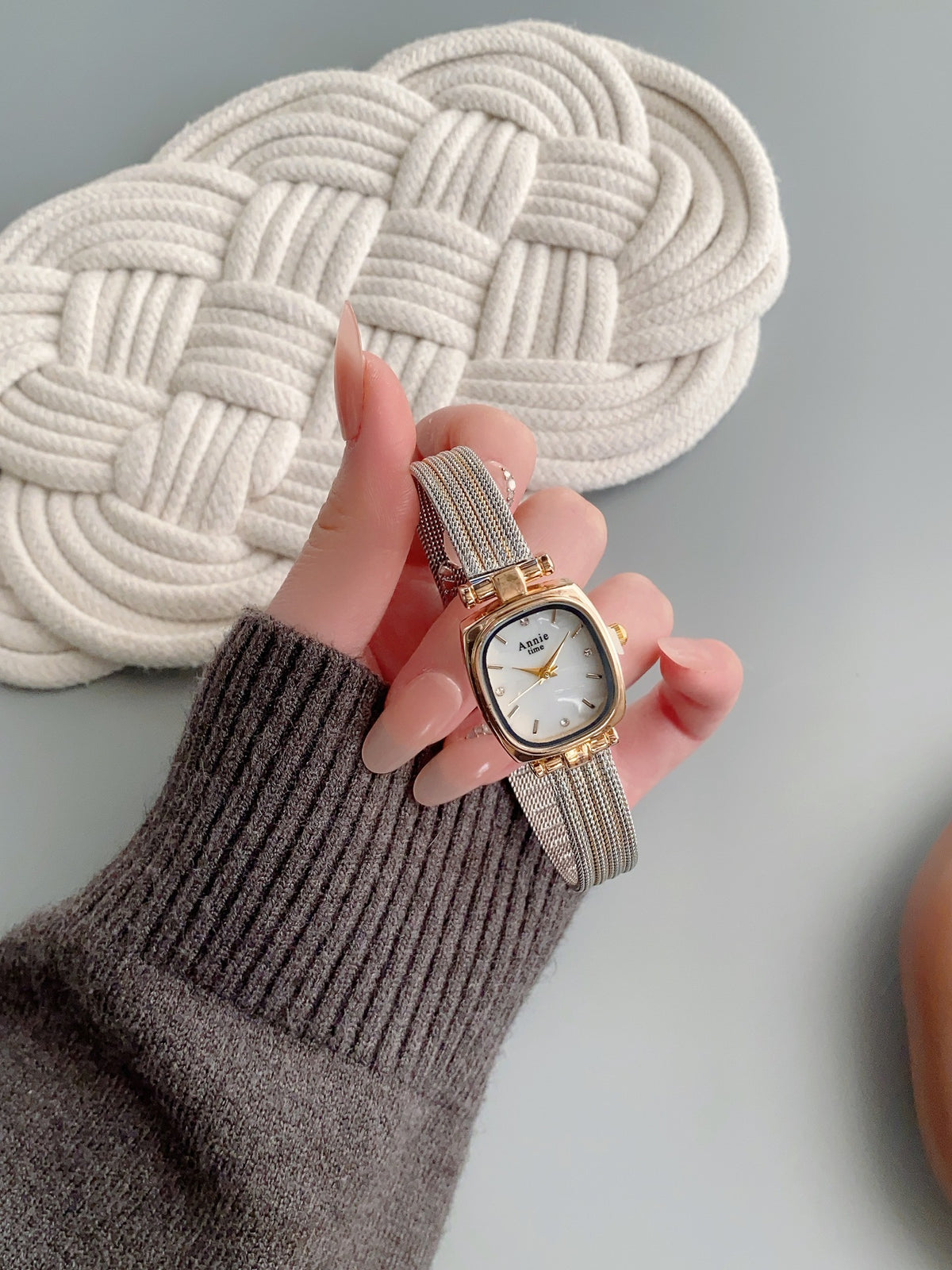 Annie Time cushion mesh watch with two-tone case and white dial