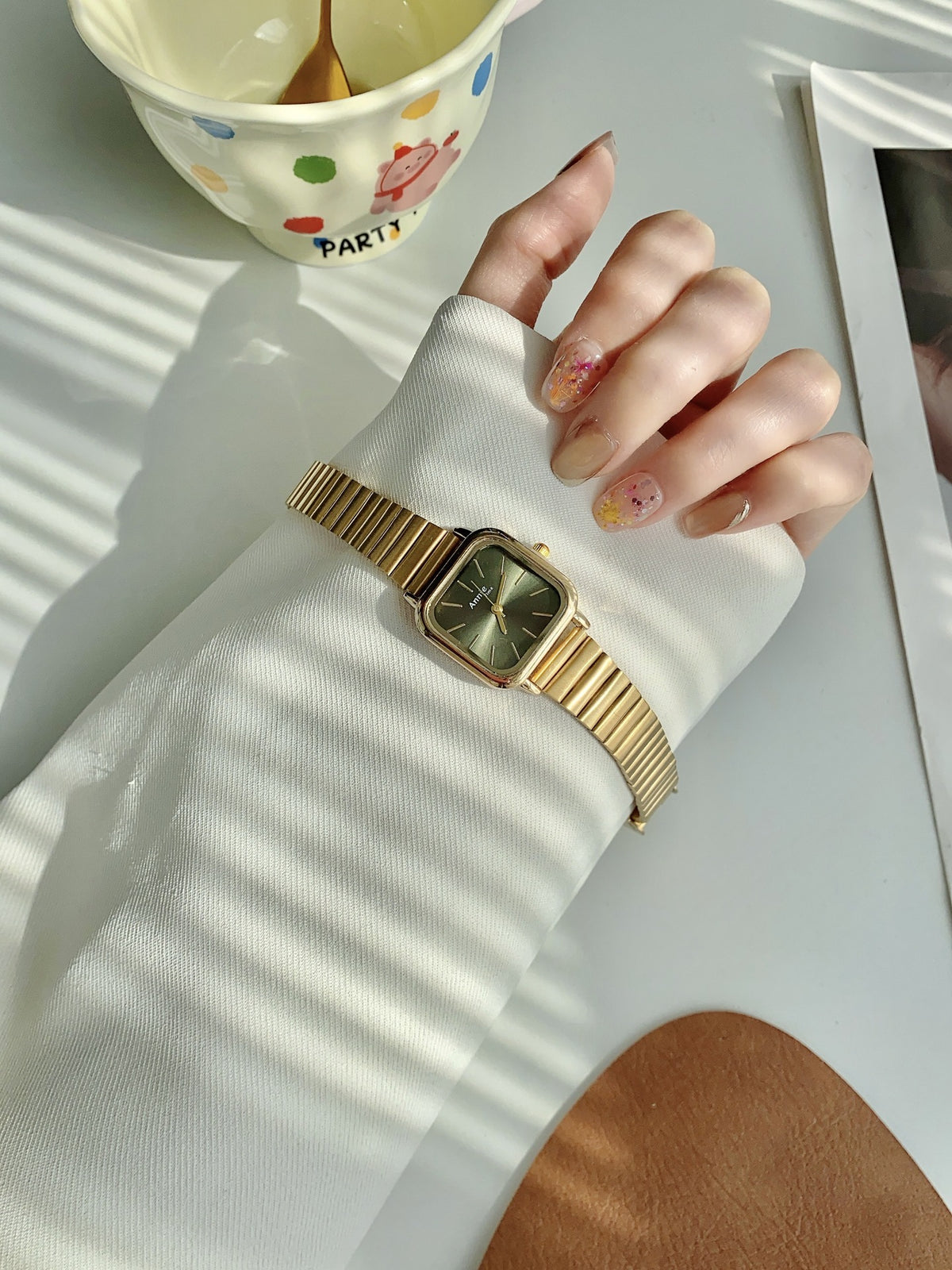 Annie Time square expansion bracelet watch in gold tone with green dial