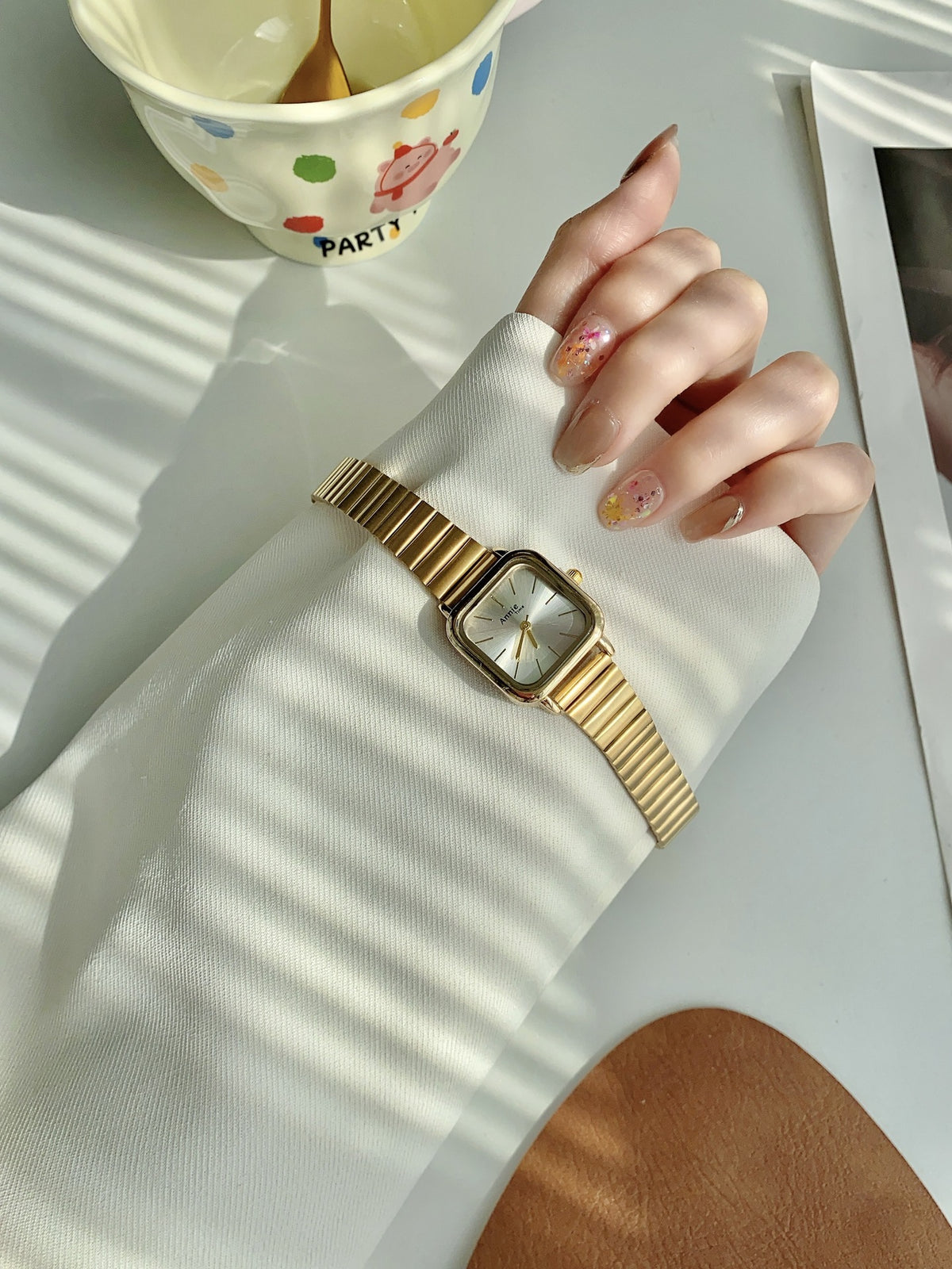 Annie Time square expansion bracelet watch in gold tone with white dial