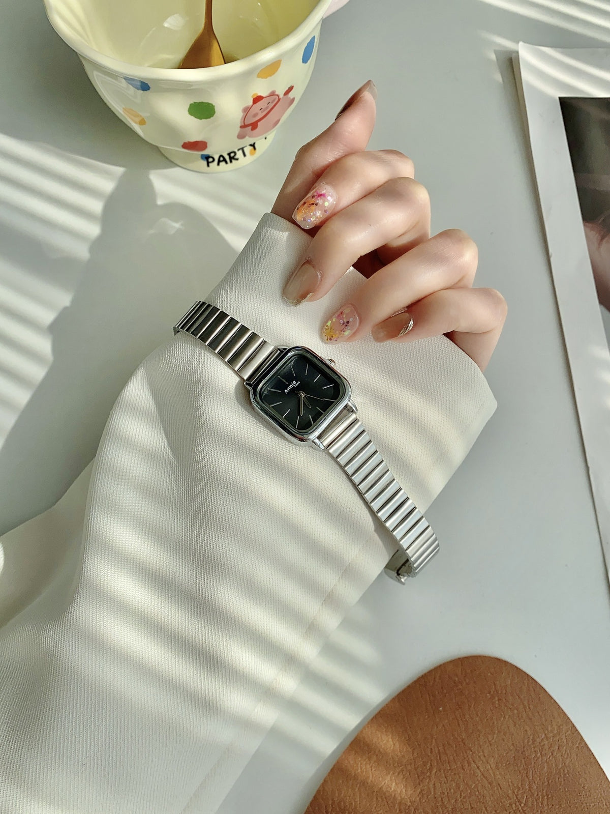 Annie Time square expansion bracelet watch in silver tone with black dial alternate view