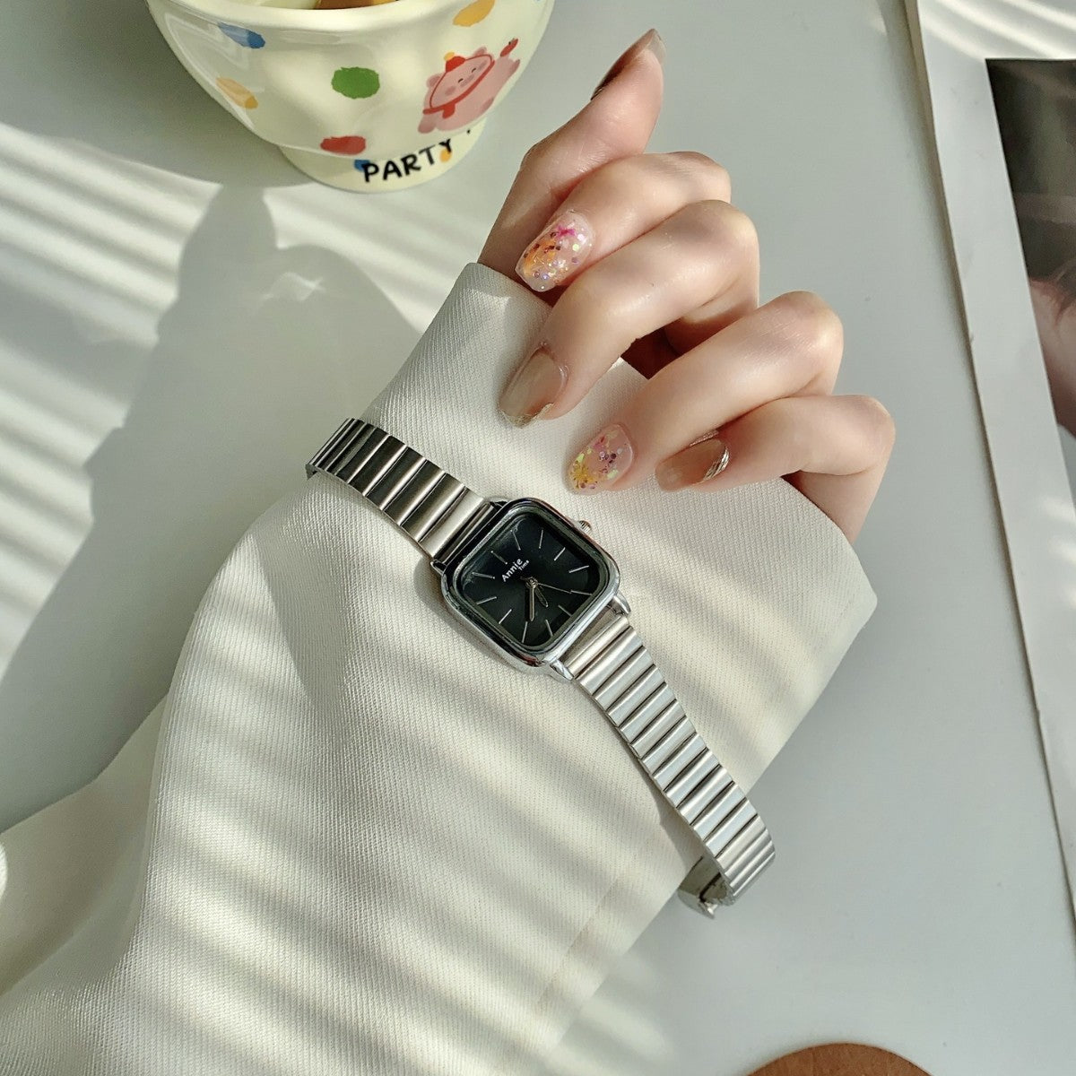 Annie Time square expansion bracelet watch in silver tone with black dial