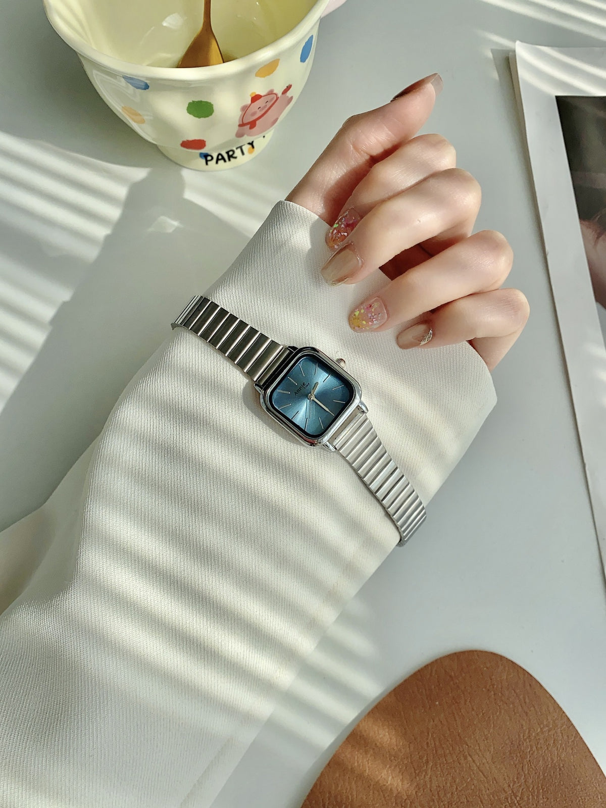 Annie Time square expansion bracelet watch in silver tone with blue dial