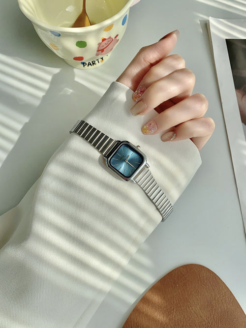 Annie Time square expansion bracelet watch in silver tone with blue dial