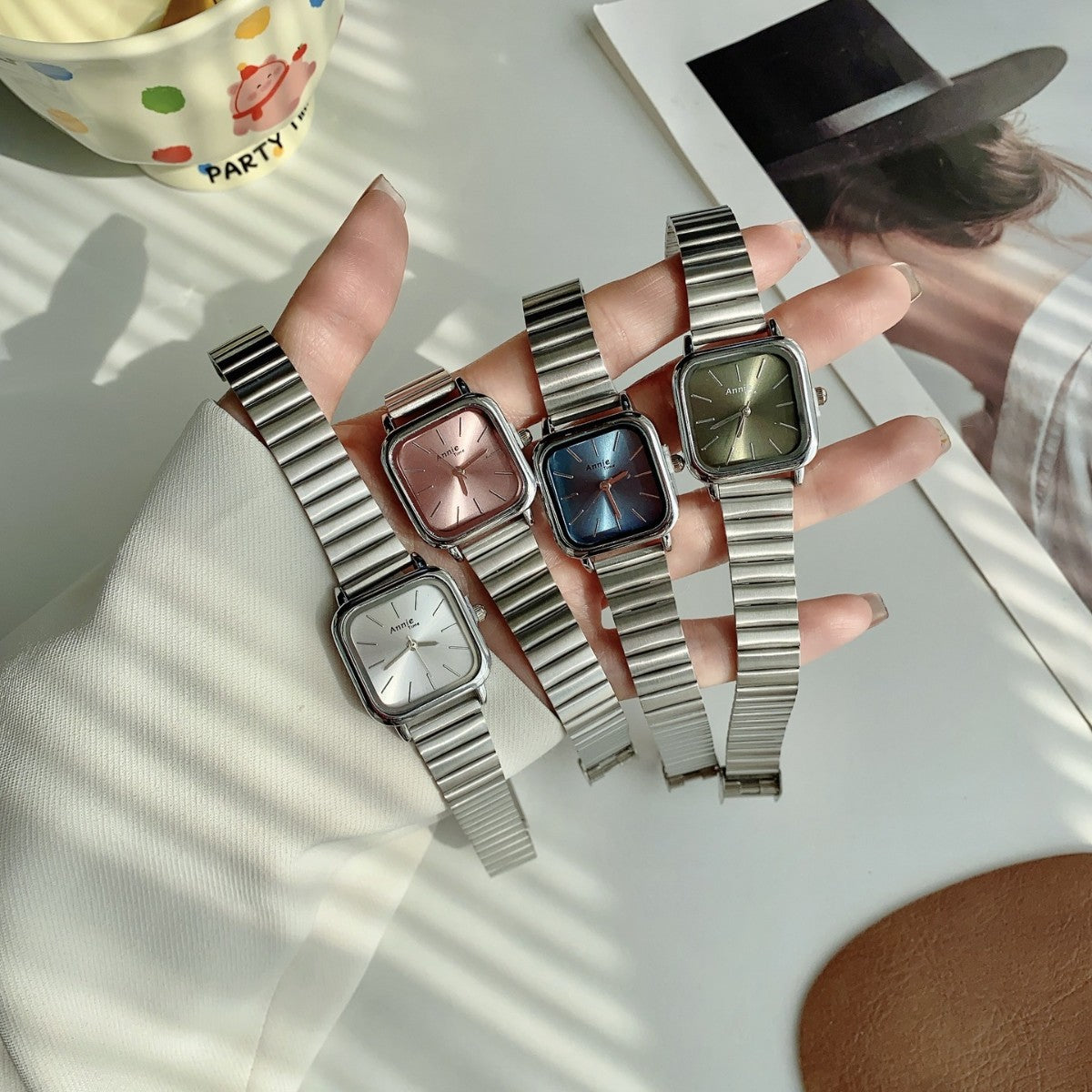 Annie Time square expansion bracelet watches in silver tone with multiple dial colors