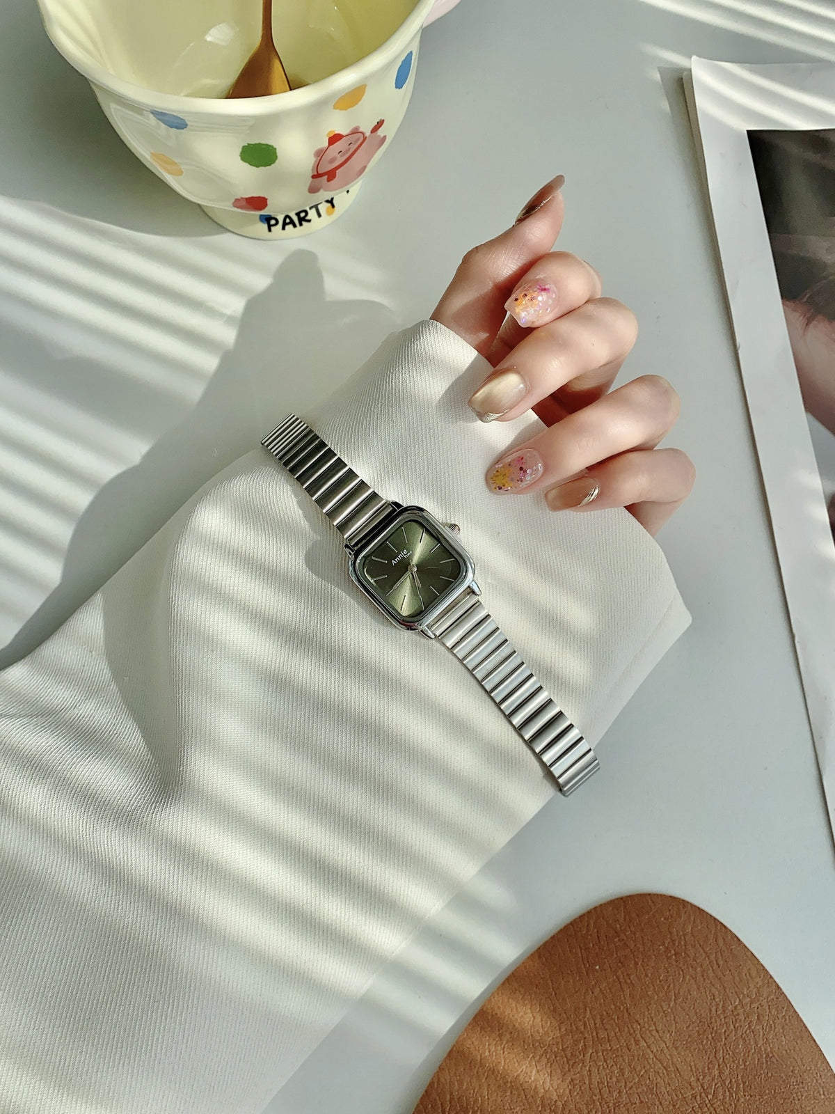 Annie Time square expansion bracelet watch in silver tone with green dial