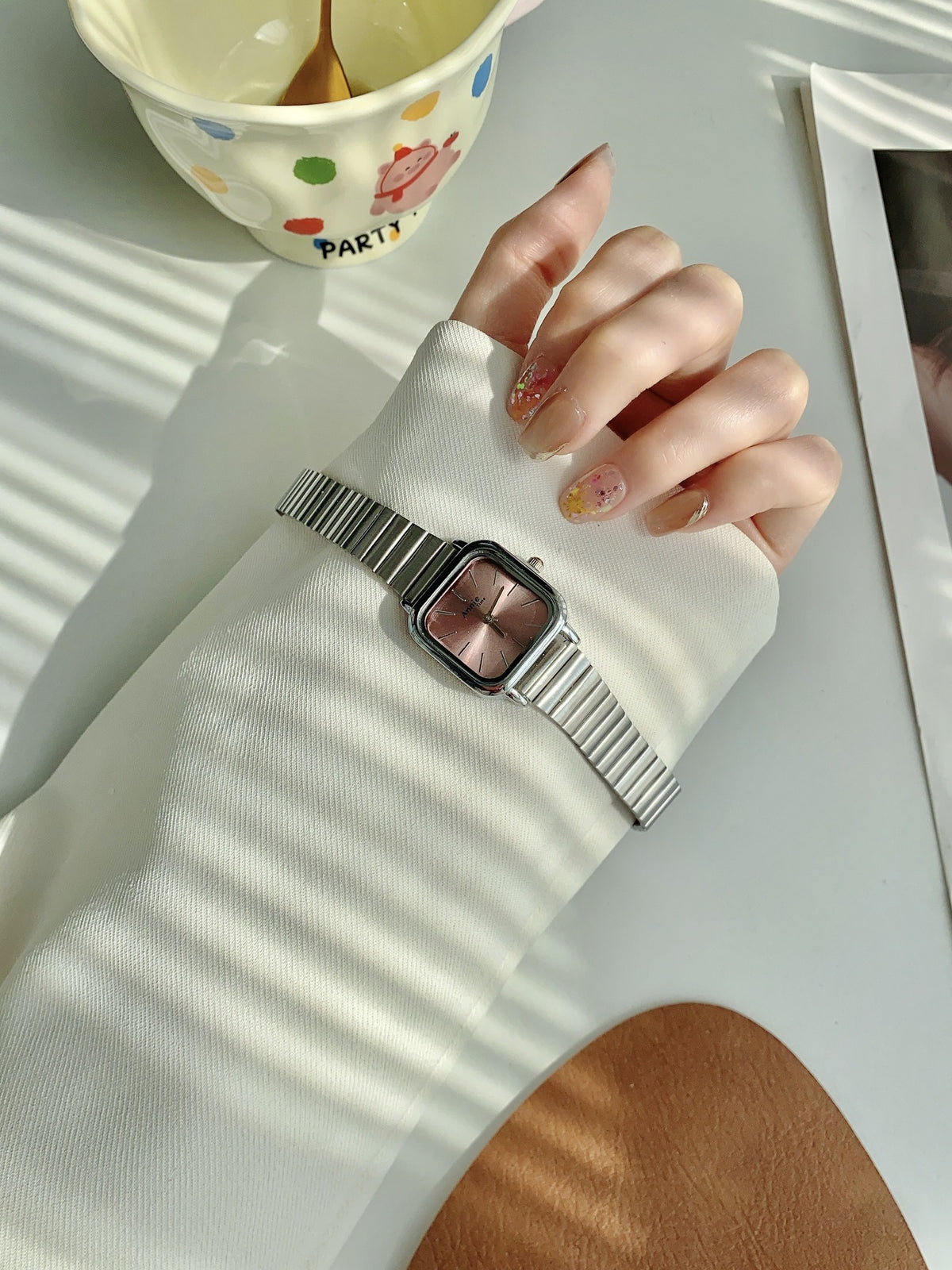 Annie Time square expansion bracelet watch in silver tone with pink dial