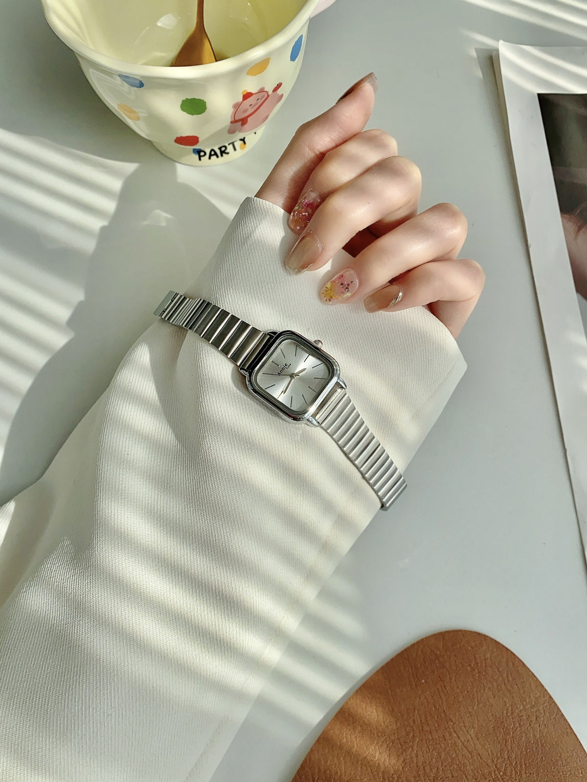 Annie Time square expansion bracelet watch in silver tone with white dial alternate view