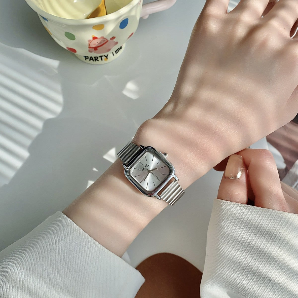 Annie Time square expansion bracelet watch in silver tone with white dial