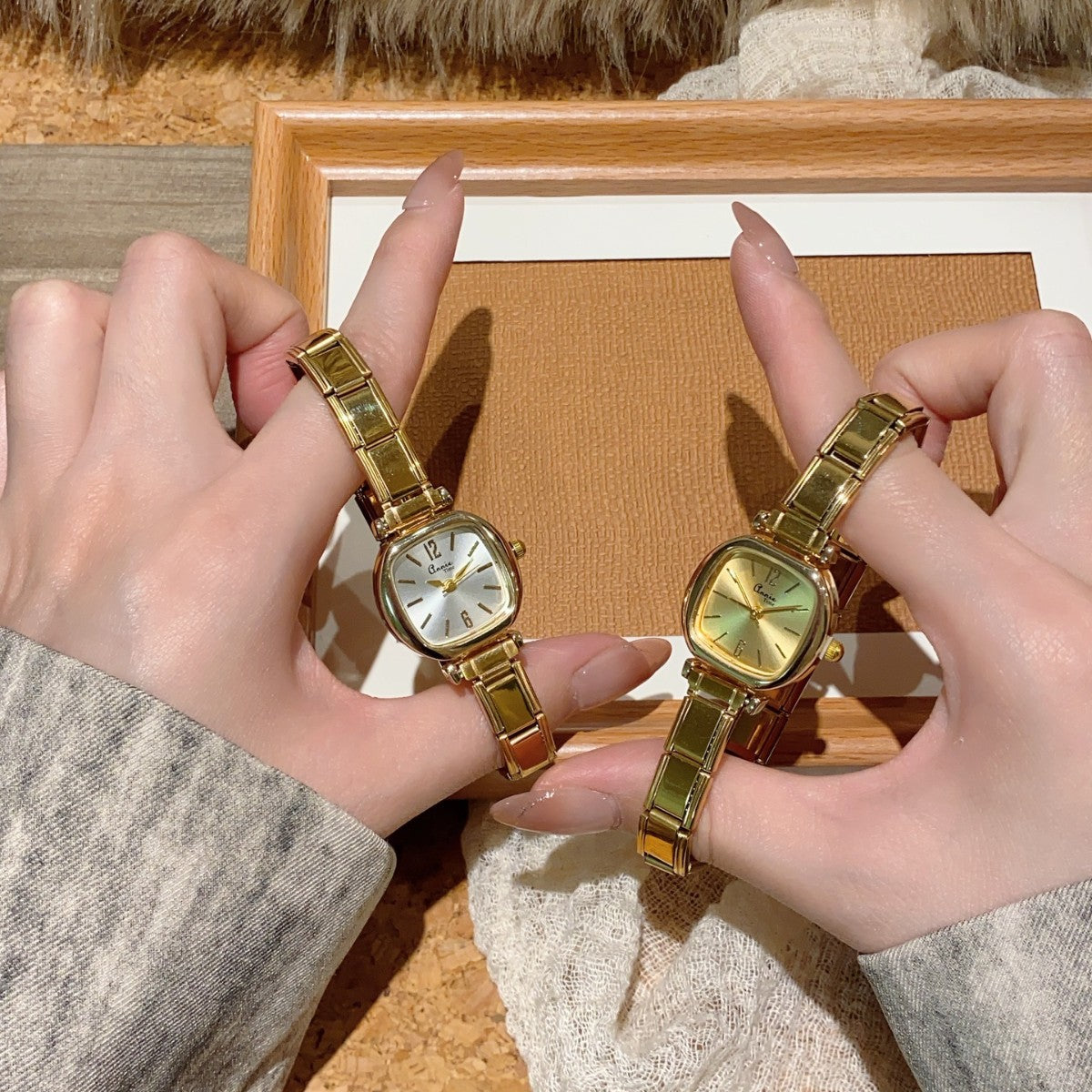 Annie Time cushion stretch bracelet watches with champagne and silver dials