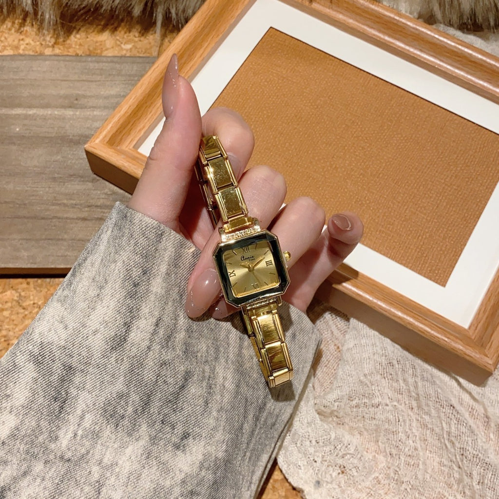 Annie Time faceted square champagne dial stretch bracelet watch