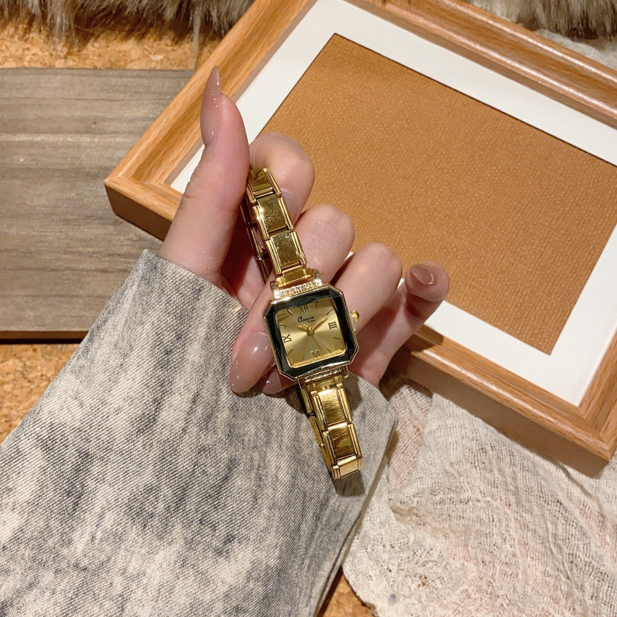 Annie Time faceted square champagne dial stretch bracelet watch
