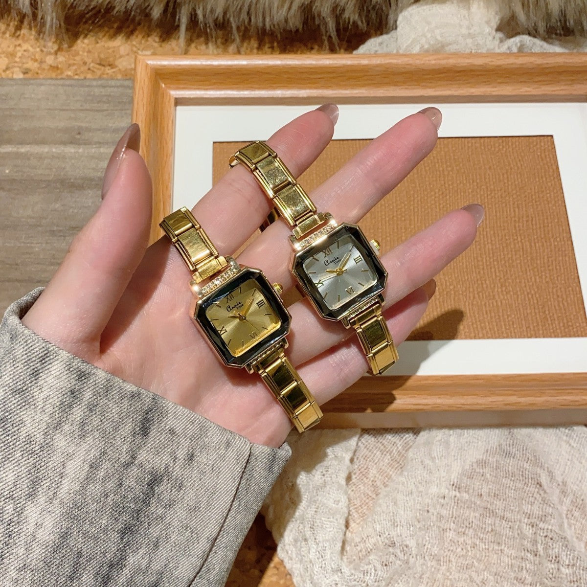 Annie Time faceted square stretch bracelet watches with champagne and silver dials