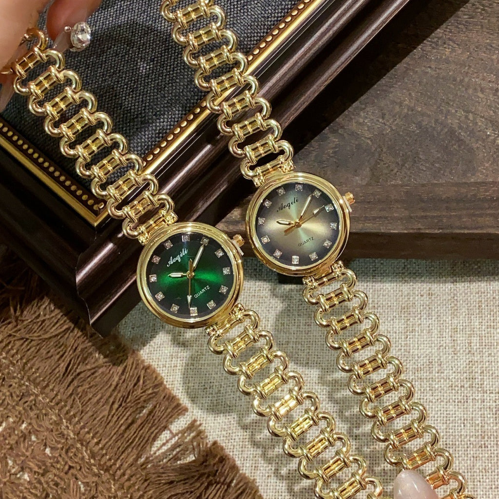 Aoqili round link bracelet watches in gold tone with green and champagne dials
