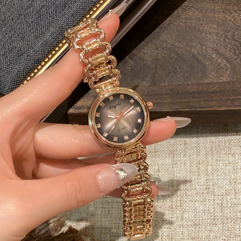 Aoqili round link bracelet watch in rose-gold tone with grey dial alternate view
