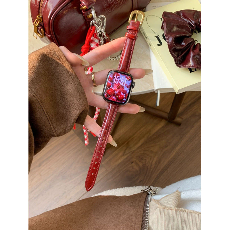 Wine red slim leather Apple Watch band