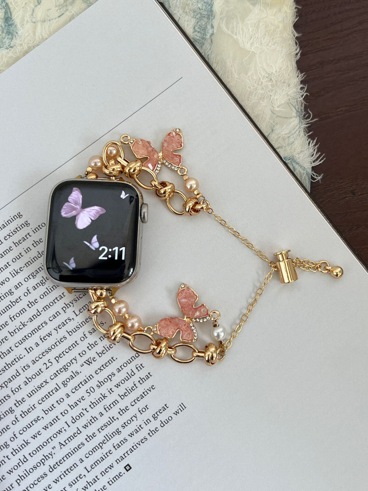 Aurora pink butterfly loop-chain rose gold Apple Watch band