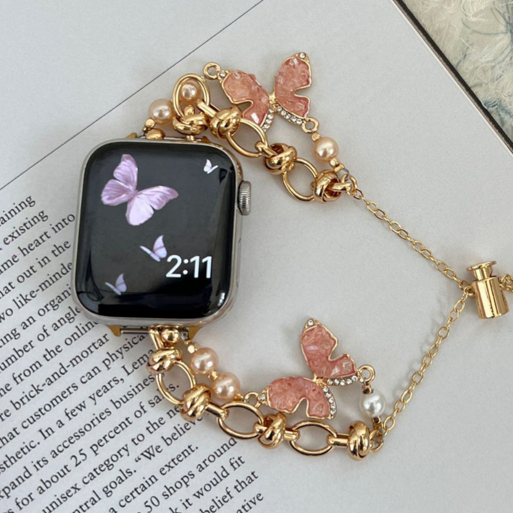Aurora pink butterfly loop-chain rose gold Apple Watch jewellery band close-up