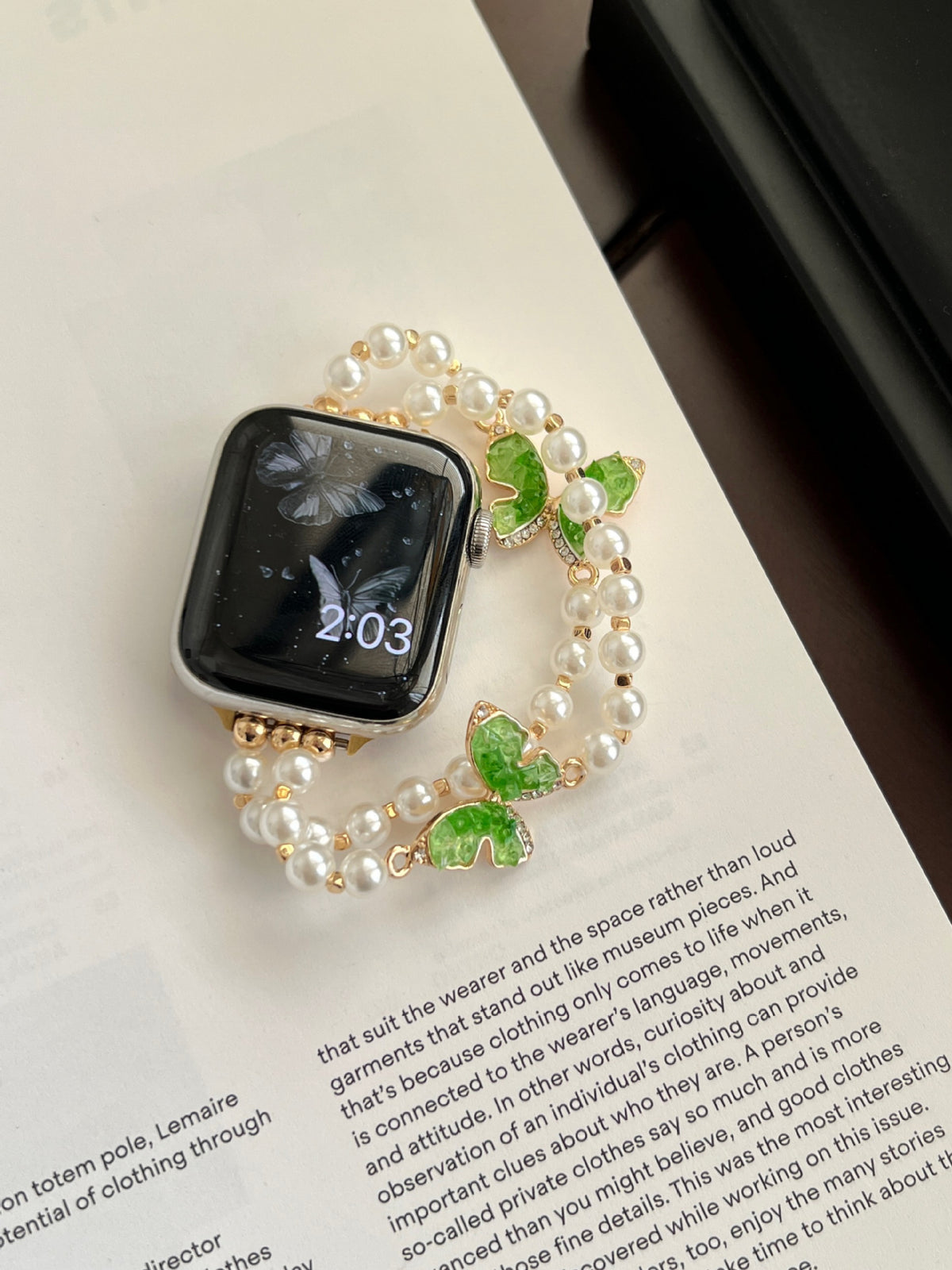 Aurora double-row pearl green butterfly gold Apple Watch band